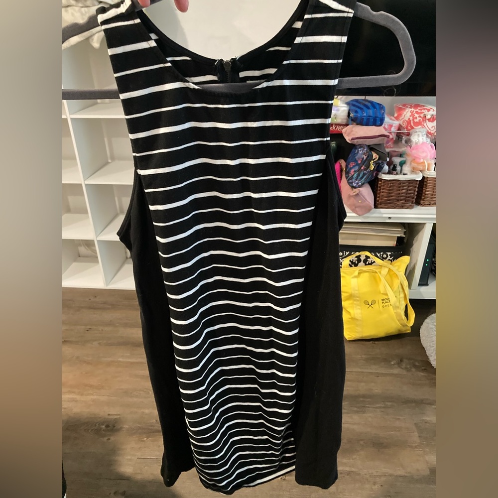 American Eagle Form Fitting Black With White Stripes Mini Dress W/ Back Cut Out
